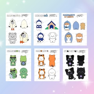 May include: Six sticker sheets featuring cartoon characters named Baetongyi, Meongko, Hamsangyi, Chaeboogi, Manrangy, and Nyangkyun. Each sheet displays various poses and outfits for these illustrated animals, including frogs, tigers, cats, and dogs, with brand logos and character names printed at the top of each individual section.