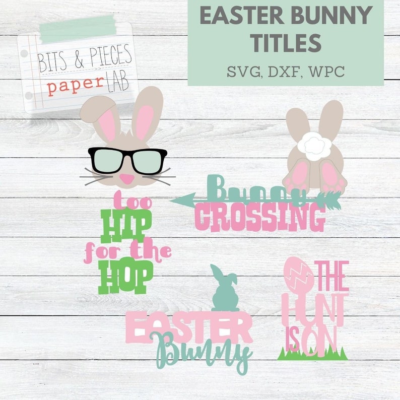 May include: A set of five Easter bunny themed SVG cut files. The designs include a bunny wearing glasses with the text "Too Hip for the Hop", a bunny with an arrow pointing to the right with the text "Bunny Crossing", a bunny with the text "Easter Bunny", and a bunny with the text "The Hunt is On".