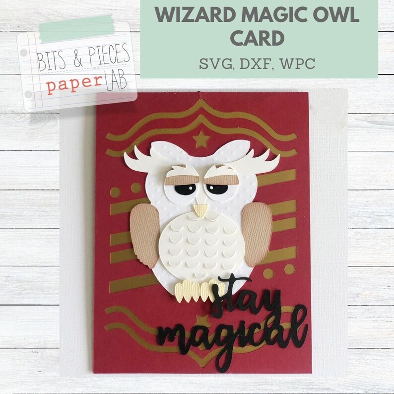 Pu&ograve; includere: Biglietto di auguri fatto a mano con un gufo mago. Il gufo &egrave; bianco, beige e crema, con uno sfondo rosso e dettagli dorati. Il biglietto include il testo "Stay Magical" e "Wizard Magic Owl Card".
