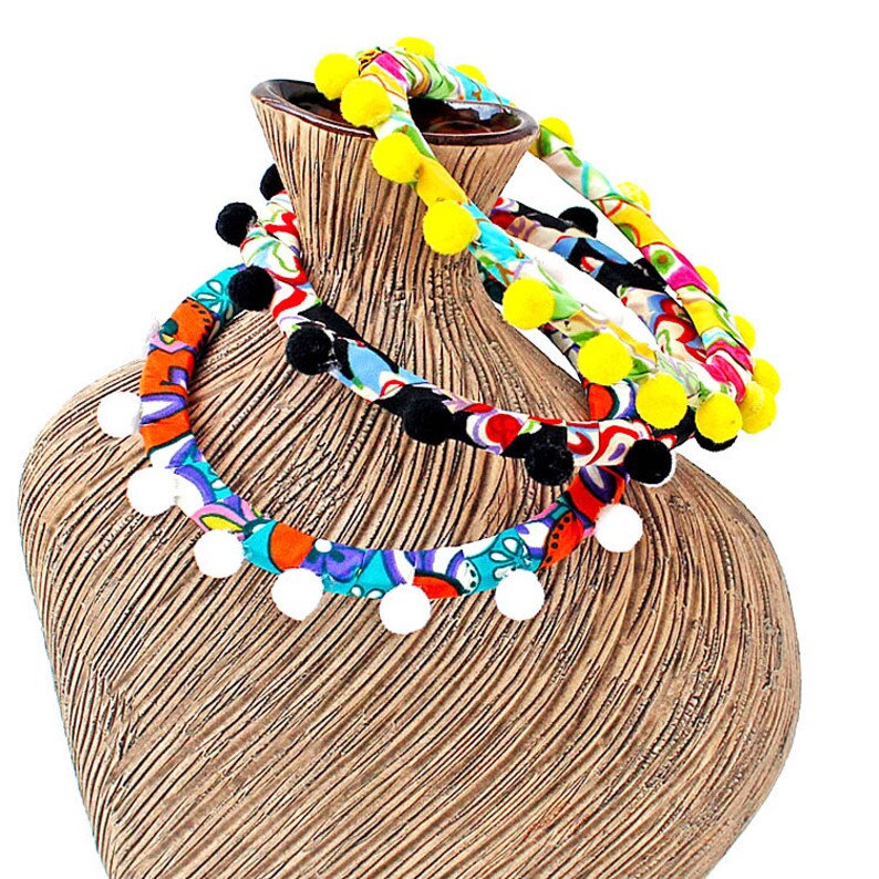Vintage Bohemian Pom Pom Fabric Wrapped Bangle Stacking Bracelets Set of 3 Fun and Whimsical!
