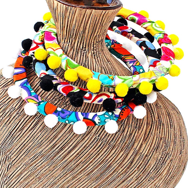 Vintage Bohemian Pom Pom Fabric Wrapped Bangle Stacking Bracelets Set of 3 Fun and Whimsical!
