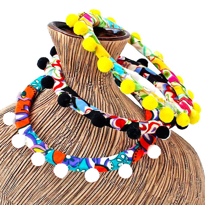 Vintage Bohemian Pom Pom Fabric Wrapped Bangle Stacking Bracelets Set of 3 Fun and Whimsical!