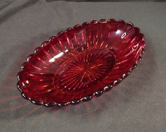 Rich Ruby Red Ribbed Oval Bowl