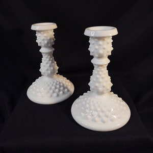 Fenton White Hobnail Candle Stick Holder Pair