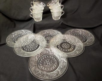 Indiana Glass Sandwich Clear Luncheon Plates & Cups    Set of 6