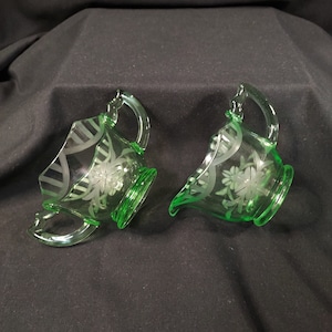 Etched Green Glass Sugar Bowl & Creamer