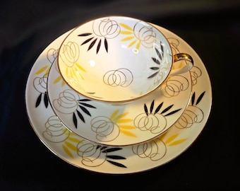 Schumann Arzberg Bavaria Porcelain Black/Yellow/Gold Motif Tea Trio