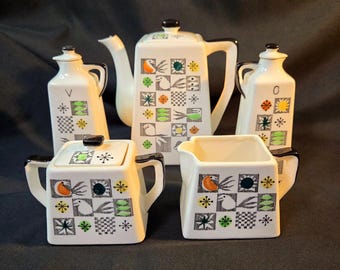 Pacific Japan MCM Ceramic Teapot, Sugar Bowl, Creamer & Cruet Pair