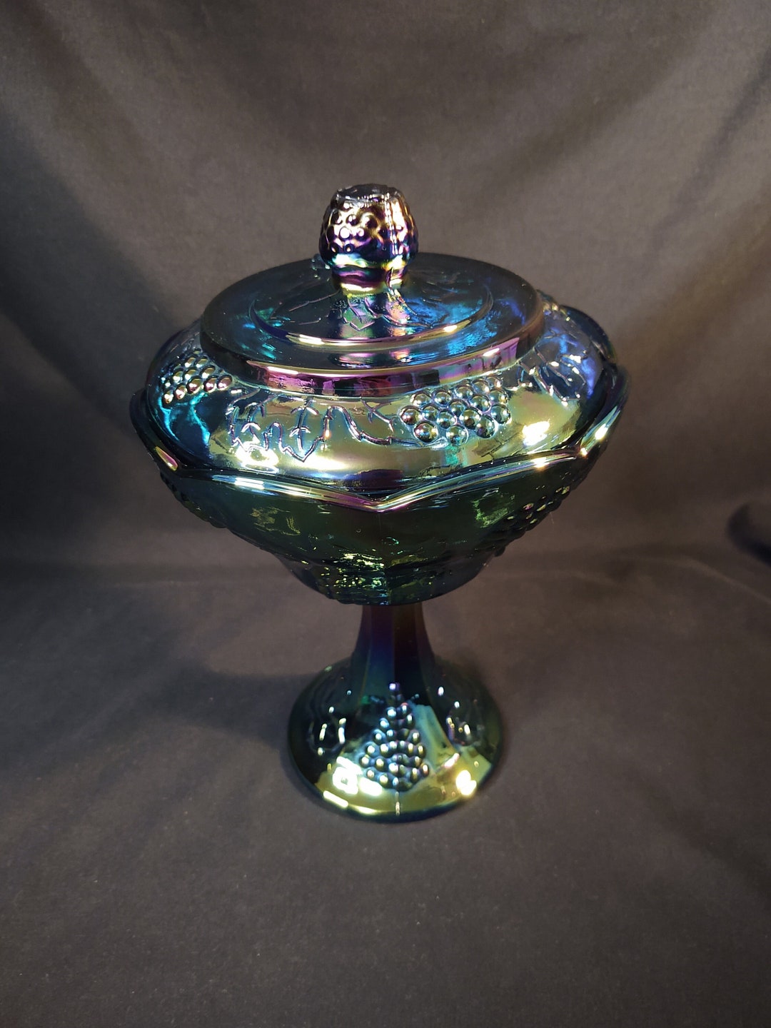 Blue Carnival Glass Pedestal Candy Dish Etsy