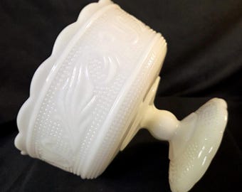 E O Brody White Glass Tulip & Scroll Design Compote Bowl