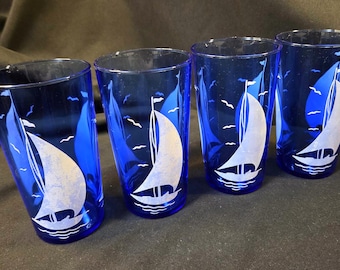 Hazel Atlas Ships Blue with White Flat Ice Tea Tumblers    Set of 4