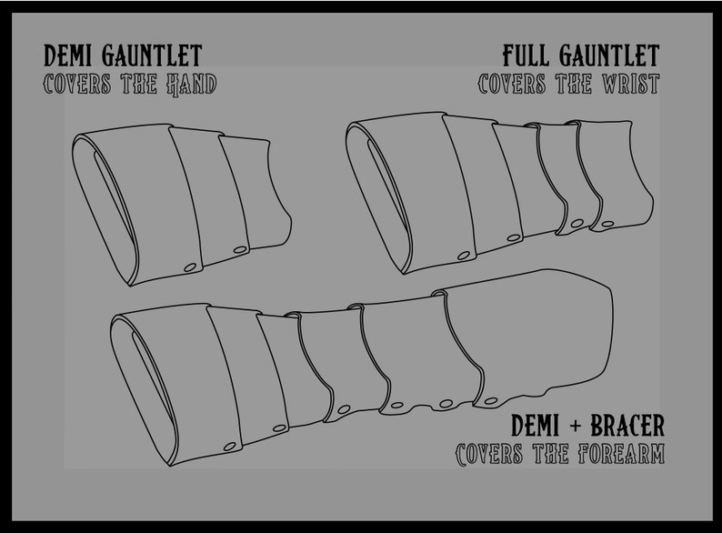 A diagram showing the different styles of gauntlet and/or bracer, and how much they cover the arm.