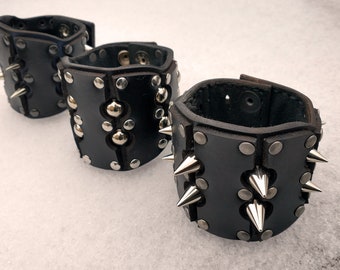 Leather Spiked or Studded Cuffs | Black, Plated Design | Multiple Sizes