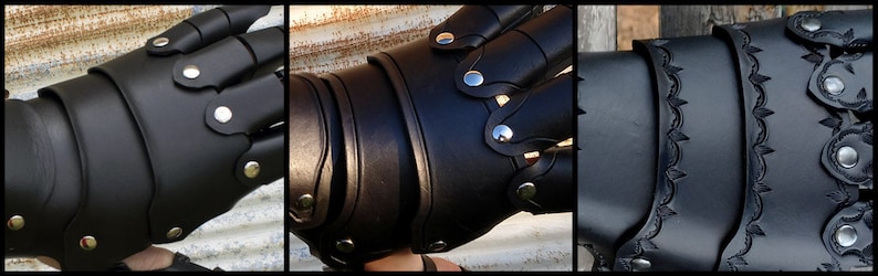 A side-by-side example of the different borders available for leather armor. 

The left panel shows blank plates, the center panel is a carved line, and the right has a tooled pattern.