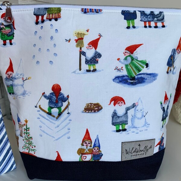 Winter Gnomes Having Winter Fun, Zippered Knitting Project Bag with detachable wrist fob