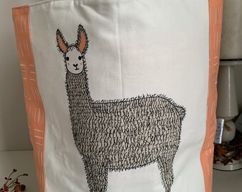 Gingiber Zoology Llama XL tote, Cotton and Canvas, open top bag with handles,  two inside pockets, over shoulder handles