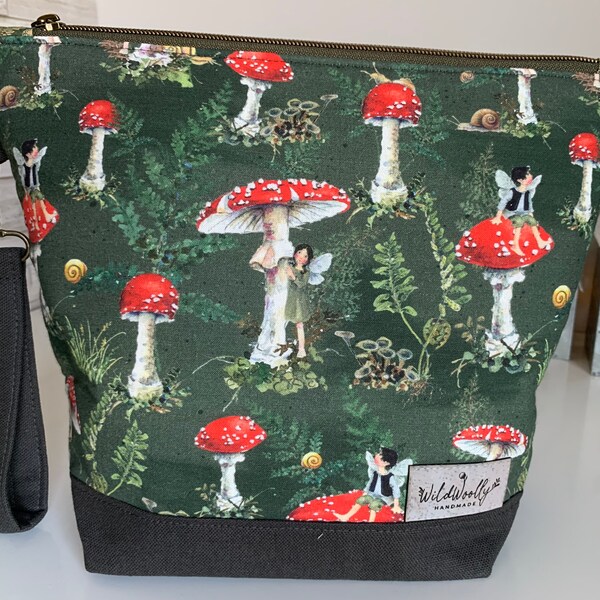 Daniela Drescher Fairy Toadstool Zippered Knitting Project Bag with detachable wrist fob, imported German fabric