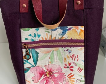 Brightly Blooming Watercolor Flowers, Raisin Canvas, Large Expanding top Drawstring Project bag with handles,  two front pockets