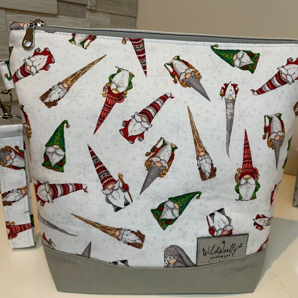 Gnoming Through the Snow, Zippered Knitting Project Bag with detachable wrist fob