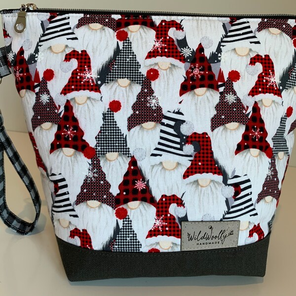 Festive Gnomes, Snowflakes , Zippered Knitting Project Bag with detachable wrist fob