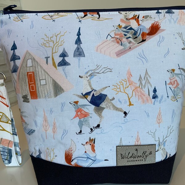 Woodland Animals Winter Activities, Zippered Knitting Project Bag with detachable wrist fob