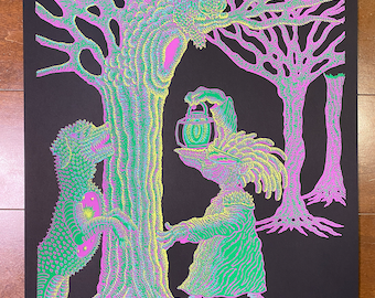 May include: A psychedelic black and green print of a creature with a lantern in a forest. The creature is standing next to a tree and holding a lantern. The print is signed and numbered #1/100.