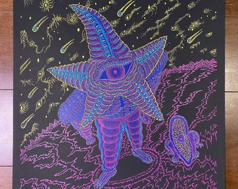 May include: A psychedelic art print featuring a blue and purple creature with a single eye, standing on a purple and black landscape. The creature is shaped like a starfish and has a large, pointed head. The background is filled with yellow shooting stars.
