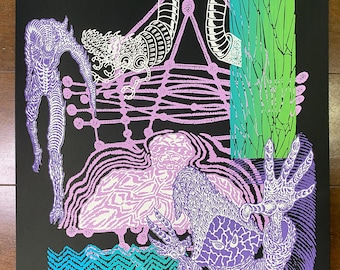 May include: A black and white print of a surreal, abstract design with purple, pink, and green accents. The design features a variety of shapes and lines, including a snake-like figure, a human-like figure, and a geometric pattern. The print is signed and numbered "1/100".