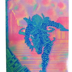 May include: A blue and green monster with multiple arms and legs runs across a pink and yellow striped background. The monster has a textured, scaly body and a menacing expression.