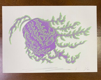 May include: A purple and green abstract print with a swirling, flame-like design. The print is numbered 1/40.