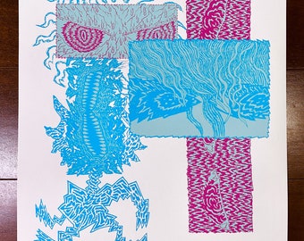 May include: A blue and pink abstract print with a stylized eye, tree, and creature. The print is signed and numbered 1/50.