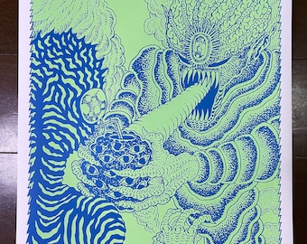 May include: A green and blue psychedelic print of a monster with multiple eyes and a large mouth, with a smaller figure with a striped pattern in the foreground.