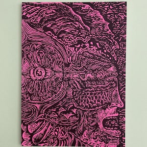 May include: A rectangular print featuring a high-contrast graphic design in vibrant neon pink ink on a solid black background. The artwork displays an intricate, abstract composition of swirling lines, organic textures, and a profile of a face.