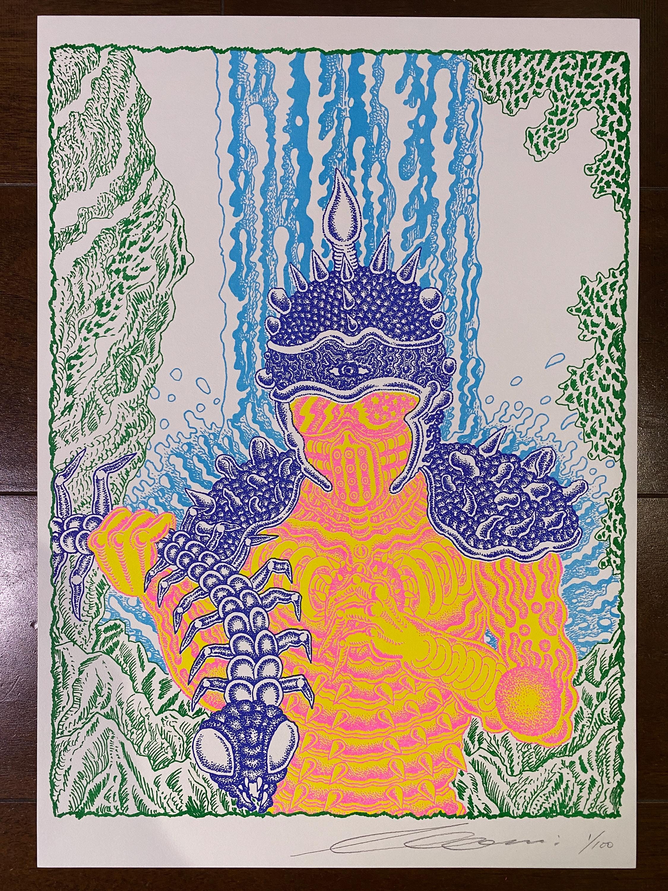 Waterfall RISOGRAPH Poster 4 color 11.8" x 16.5" (297mm x 420mm) Limited 100 + A.P.