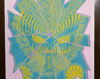 May include: A teal blue and yellow abstract print with a geometric design. The print is broken into pieces and has a pink background with a swirling pattern.