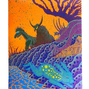 May include: A psychedelic illustration of a fantastical landscape with a blue, green, and yellow creature in the foreground. The creature is surrounded by purple, blue, and orange hills. A dark purple tree with a black silhouette of a horned creature is in the background.