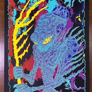 May include: A blue and purple alien creature with a yellow lightning bolt in its hand. The creature is surrounded by a black, red, and blue splatter background.
