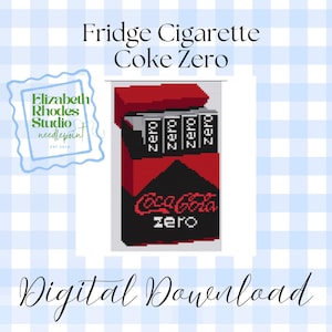 以下が含まれることがあります： Coke Zeroとラベル付けされた赤と黒のタバコのパッケージデザインを特徴とするピクセルアートのニードルポイントパターン。グラフィックには、それぞれにzeroという単語が印刷された4本のタバコと、前面にCoca-Cola Zeroのロゴが含まれています。