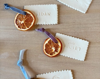 Handmade Clay Place Cards: Dried Orange & Velvet Ribbon