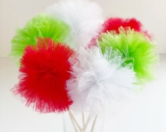 Red, White & Green Tulle Pom Pom Wands – Party Decor, Flower Girl Bouquet