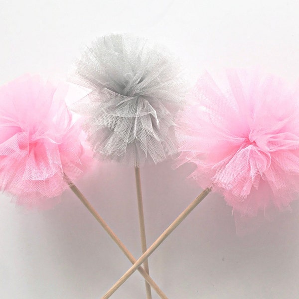 Premium Tulle Sugar Plum Fairy Pom Poms - Princess Wand - PomPom Bouquet/Centerpiece - Baby Shower/Birthday Party favor - Flower Girl Wand