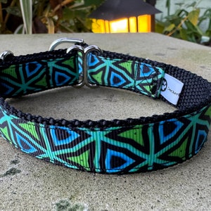 3/4" and 1" Wide Geometric Blue and Green Dog or Cat Collar