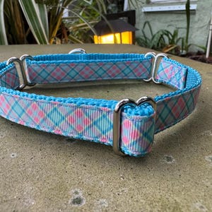3/4" and 1" Aqua Blue and Coral Plaid Dog Collar