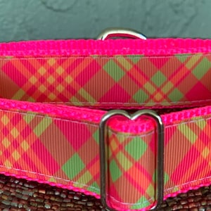 Bright Pink, Lime & Orange Plaid Dog Collar
