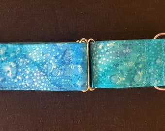 Könnte beinhalten: Ein blaues und weiß gemustertes Hundehalsband mit einer silbernen Schnalle und einem D-Ring.