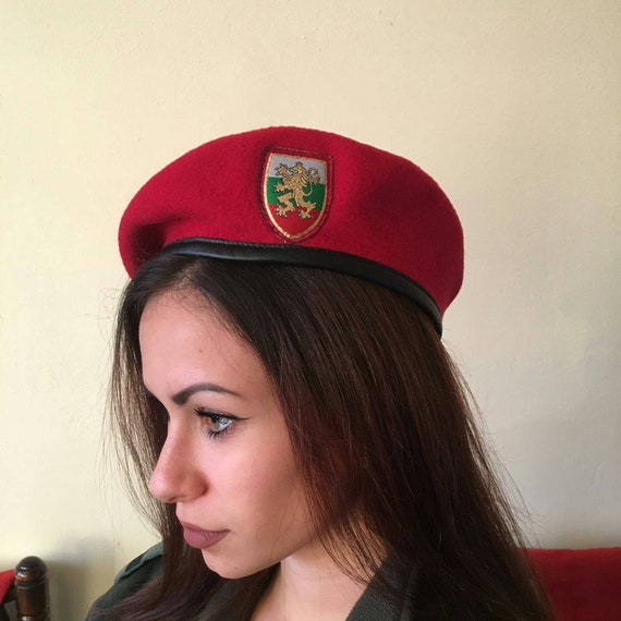 Vintage Army Red Beret, Bulgarian Beret, Wine Red