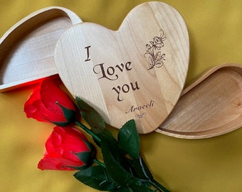 Personalized Wooden Jewelry Box, Valentine's Gift, Birth Flower Jewelry Box, Gift for Her, Custom Name Jewelry Box, Wooden Heart Jewelry box