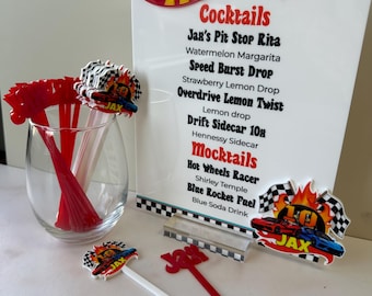 Racing car design party menu sign with Matching Drink Stirrers | Race Car Birthday Decor | Custom Kids Party Signage