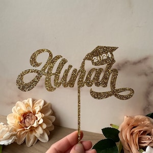 Adorno para tarta de graduación con nombre personalizado: decoración acrílica con purpurina dorada para fiestas