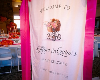 Custom Linen Welcome Sign for Baby Shower, Custom Carriage Backdrop